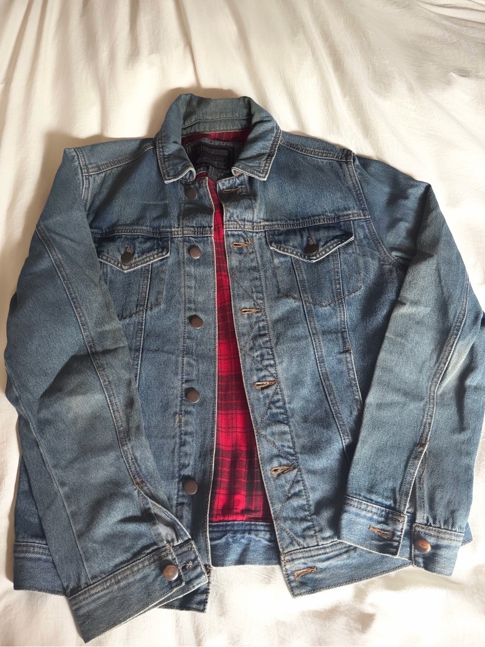 Men's Blue Denim Jacket with Red Plaid Lining